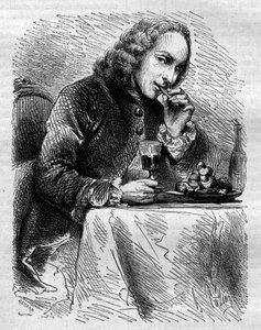Portrait de Claude Henri de Fusée de Voisenon (1708-1775), ecclésiastique, poète et dramaturge français, représenté par le pâtissier de Cauterets. Gravure de 1858.