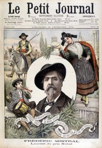 Portrait de Frédéric Mistral, entouré de personnages provençaux (gardian, fifre et Mireille) - dans "Le Petit Journal" du 28/12/1904 (gravure)