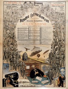 Portrait de Jules Verne et scènes de ses œuvres - Affiche publicitaire pour ses œuvres complètes - French School