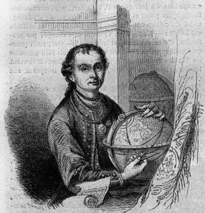 Portrait de Pierre Anich (1723-1766), astronome et cartographe tyrolien, tenant un globe et un compas. Gravure dans "Le Magasin pittoresque"