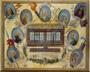 Portrait de figures historiques et vue du café parisien Le Procope : Benjamin Franklin, Jean Jacques Rousseau, Voltaire, Jean D