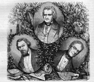 Portraits de Jean Baptiste Antoine Lassus (1807-1857), architecte français (gauche); Charles Lacretelle Jeune (1766-1855), historien et avocat français (centre); et Baron Auguste Gaspard Louis Desnoyers (1779-1857), graveur français. Gravure de 1858