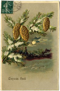 Carte postale : Joyeux Noël (papier imprimé en chromolithographie, embossé et doré)