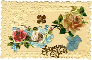 Carte postale : Joyeux Noël (papier embossé, découpé en chromolithographie et doré, tissus)