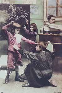 Carte postale critiquant le système éducatif laïque, vers 1910
