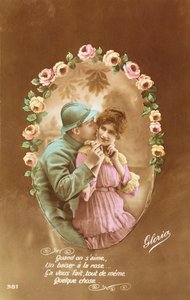 Carte postale représentant un soldat français et son amante, 1914-18 - French School
