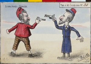 Carte postale du duel entre Paul Déroulède et Jean Jaurès, décembre 1904