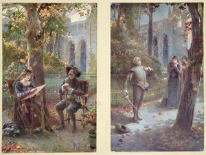 Cartes postales représentant Cyrano de Bergerac avec Roxanne, vers 1900 - French School
