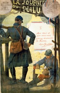 Affiche pour « La journée du poilu - 25 et 26 décembre 1915 » avec la citation de Léon Gambetta « Avec vous et par vous nous jurons de sauver la France ». (un poilu ouvrant la boîte reçue de sa famille)