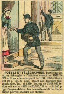 Postes et télégraphes, illustrant le bon fonctionnement des télécommunications et de la Poste grâce à la République. Gravure, dans « Le Figaro, supplément », le 30/03/1889, Paris. Coll. Selva. - French School