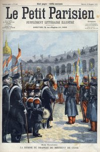 Présentation du drapeau du Régiment de Chine par le général Faure-Biguet au général Arnoux gouverneur aux Invalides à Paris, dans « Le Petit Parisien » 1901 (gravure)