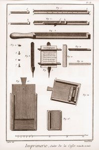 Imprimerie : suite de la caisse, ustensiles et outils - "La Grande Encyclopédie, ou Dictionnaire Raisonné des Sciences, des Arts et des Métiers" (Encyclopédie ou Dictionnaire des Sciences, Arts et Professions) par Denis Diderot (1713-1784) et Jean d