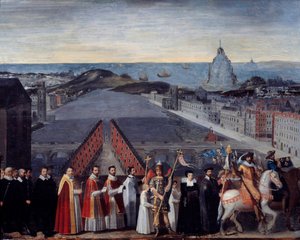 Procession de la confiture parisienne des pèlerins de Saint Michel du Mont sur le Pont Neuf. Peinture anonyme. XVIIe siècle. Dim 0,80 x 1,05 m Paris, Musée Carnavalet - French School
