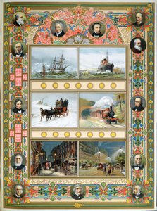 Progrès sous le règne de la Reine Victoria (1819-1901). Navires à voile, navires à vapeur, train à vapeur et éclairage public au gaz et électrique, 1887 - French School