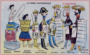 Carte promotionnelle et éducative pour enfants représentant les spécialités alimentaires de la région de la Gironde, vers 1910