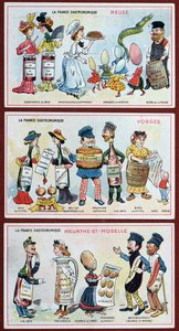 Cartes promotionnelles et éducatives pour enfants représentant les spécialités alimentaires de la région Lorraine, c.1910 - French School