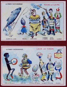 Cartes promotionnelles et éducatives pour enfants représentant les spécialités alimentaires des régions du Maine-et-Loire et du Loir-et-Cher, vers 1910 - French School
