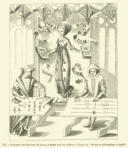 Pythagore calculant avec des jetons, et Boèce avec des chiffres - French School