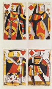 Reine et Valet jouant aux cartes (gravure sur bois en couleur)