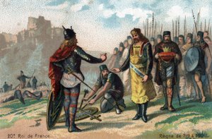 Rainfroy (Rainfroi), siège par Charles Martel à Angers, capitule, vers 717. Chromolithographie vers 1890.