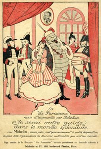 Rappel 1914 pour le pneu Michelin. La Vie Parisienne revue et augmentée par Bibendum : "Je serai votre guide dans le monde splendide, car Michelin mon père vous offre la plus belle organisation de tourisme automobile du monde". Au mur, un cadre avec