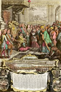 Réception de Mehemet Effendi ambassadeur turc du grand Sultan Achmet par Louis XV le 21 mars 1721 aux Tuileries. Gravure du XVIIIe siècle. Collection privée
