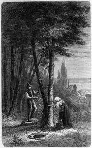 Récolte de manne sur frênes à feuilles rondes. Gravure dans "Le Journal de la jeunesse"