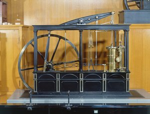Reconstruction de la machine à vapeur conçue par James Watt (cuivre et verre) - French School
