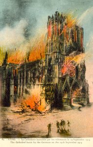 Reims, cathédrale brûlée par les Allemands le 19 septembre 1914 (lithographie en couleur) - French School