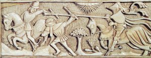 Relief représentant des chevaliers combattant, (détail)