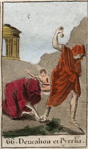 Représentation de Deucalion et Pyrrha, les seuls survivants après le déluge causé par Zeus pour détruire la race humaine. Themis après le déluge leur demande de marcher la tête couverte en jetant derrière eux les os de leur mère (les pierres de la Terre).