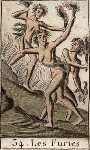 Représentation des Furies, Tisiphone, Mégère et Alecton, divinités persécutrices, représentées comme des femmes décharnées. De « Mythologie de la jeunesse » par Pierre Blanchard 1803. - French School