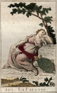 Représentation de la Paresse, fille de la Nuit et du Sommeil, comme un jeune homme avec une tortue. De « Mythologie de la jeunesse » par Pierre Blanchard 1803. - French School