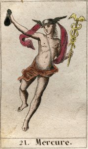 Représentation de Mercure, dieu du commerce, des voyages et messager des autres dieux. Il tient un caducée et porte un pétase. De "Mythologie de la Jeunesse" par Pierre Blanchard 1803.