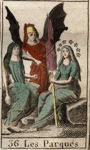 Représentation des Parques, Clotho, Lachésis et Atropos, divinités du destin humain, de la naissance à la mort, comme des femmes très âgées filant. De « Mythologie de la Jeunesse » par Pierre Blanchard 1803 - French School