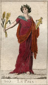 Représentation de la Paix, comme une femme couronnée de lauriers, tenant une gerbe. De « Mythologie de la jeunesse » par Pierre Blanchard 1803.
