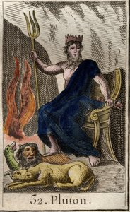 Représentation de Pluton, dieu des Enfers, avec à ses pieds Cerbère, chien à trois têtes, gardien des Enfers. De « Mythologie de la jeunesse » par Pierre Blanchard 1803. - French School