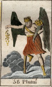 Représentation de Plutus, dieu de la richesse, il est couronné et aveugle, il jette des cadeaux au hasard. De "Mythologie de la jeunesse" par Pierre Blanchard 1803.