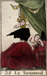 Représentation du Sommeil, reposant éternellement dans un palais, près des ailes des rêves. De « Mythologie de la jeunesse » par Pierre Blanchard 1803. - French School