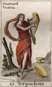Représentation de Terpsichore, muse de la danse, jouant de la lyre. De « Mythologie de la jeunesse » par Pierre Blanchard 1803.