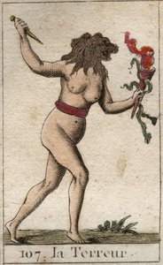 Représentation de la Terreur, comme une femme avec une tête de lion, tenant un couteau et des serpents. De « Mythologie de la jeunesse » par Pierre Blanchard 1803.