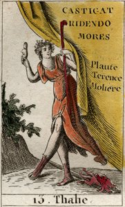 Représentation de Thalie, muse de la comédie et de la poésie idyllique, couronnée de lierre, portant des bottes, tenant un masque comique et un bâton de berger. De « Mythologie de la jeunesse » par Pierre Blanchard 1803.