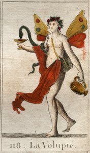 Représentation de la Volupté, femme nue couronnée de roses, elle tient une coupe où un serpent boit un nectar délicieux. De "Mythologie de la jeunesse" par Pierre Blanchard 1803.