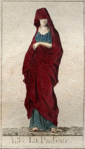 Représentation de la déesse de la Modestie, une jeune femme au visage couvert d