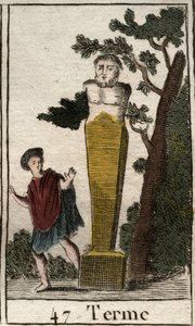 Représentation du dieu Terme, sous forme de borne, pour marquer les possessions et les terres. De "Mythologie de la jeunesse" par Pierre Blanchard 1803.