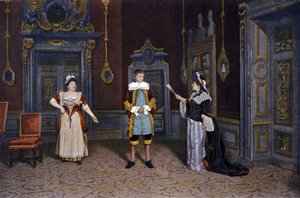 Représentation de la pièce "Les femmes savantes" de Jean Baptiste Poquelin dit Molière (1622-1673) à la Comédie française vers 1885-1890. De gauche à droite : Mme Rachel Boyer, M. Leloir, Mme Blanche Pierson - French School