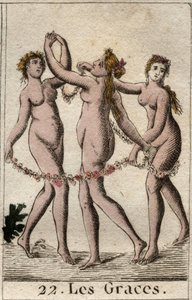 Représentation des trois Grâces : Aglaé, Thalie et Euphrosyne, filles de Vénus et Bacchus. De « Mythologie de la jeunesse » par Pierre Blanchard 1803.