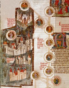 Représentations de diverses cités fortifiées dont celle de Troie. Page tirée du manuscrit « Généalogie de la Bible » de l
