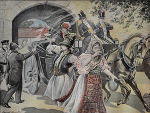 Attaque au revolver contre Milan Obrenovich (1854-1901) ancien roi de Serbie (1882 à 1889) le 7 juillet 1899 dans les rues de Sofia. Gravure dans "Le Pèlerin" du 23/07/1899 - French School