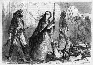 Roman feuilleton : « Mémoires de Joseph Garibaldi » par Alexandre Dumas (1802-1870). Anita Garibaldi (1821-1849), épouse de Giuseppe Garibaldi, prenant part à la bataille, fusil à la main. Gravure dans « Les bons romans » - French School